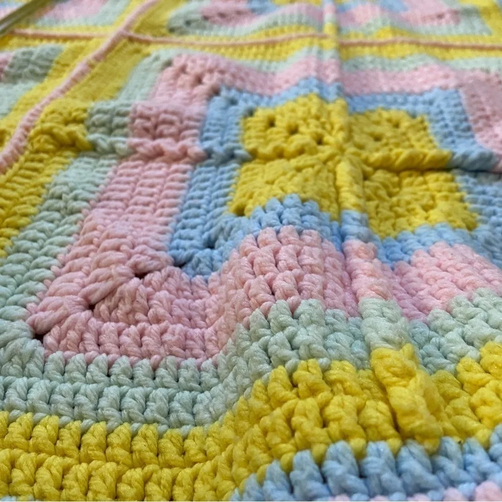 Afghan Crochet Throw Blanket Raised 3D Square Blanket Handmade Pastel Rainbow